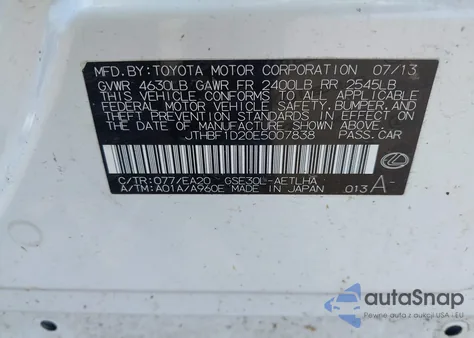 2014 Lexus Is 250 из США, поврежденный, VIN JTHBF1D20E5007838